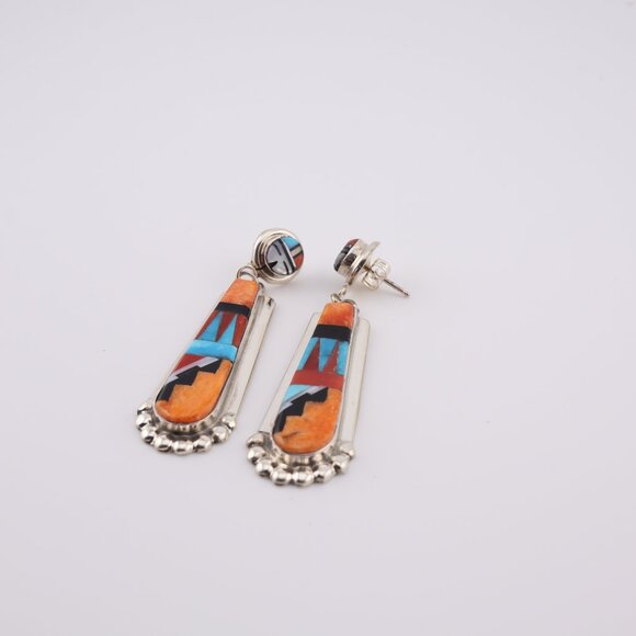 Handcrafted Native American Zuni Sun Face Inlay‎ Spiny Oyster Dangle Earrings ** - Picture 11 of 12